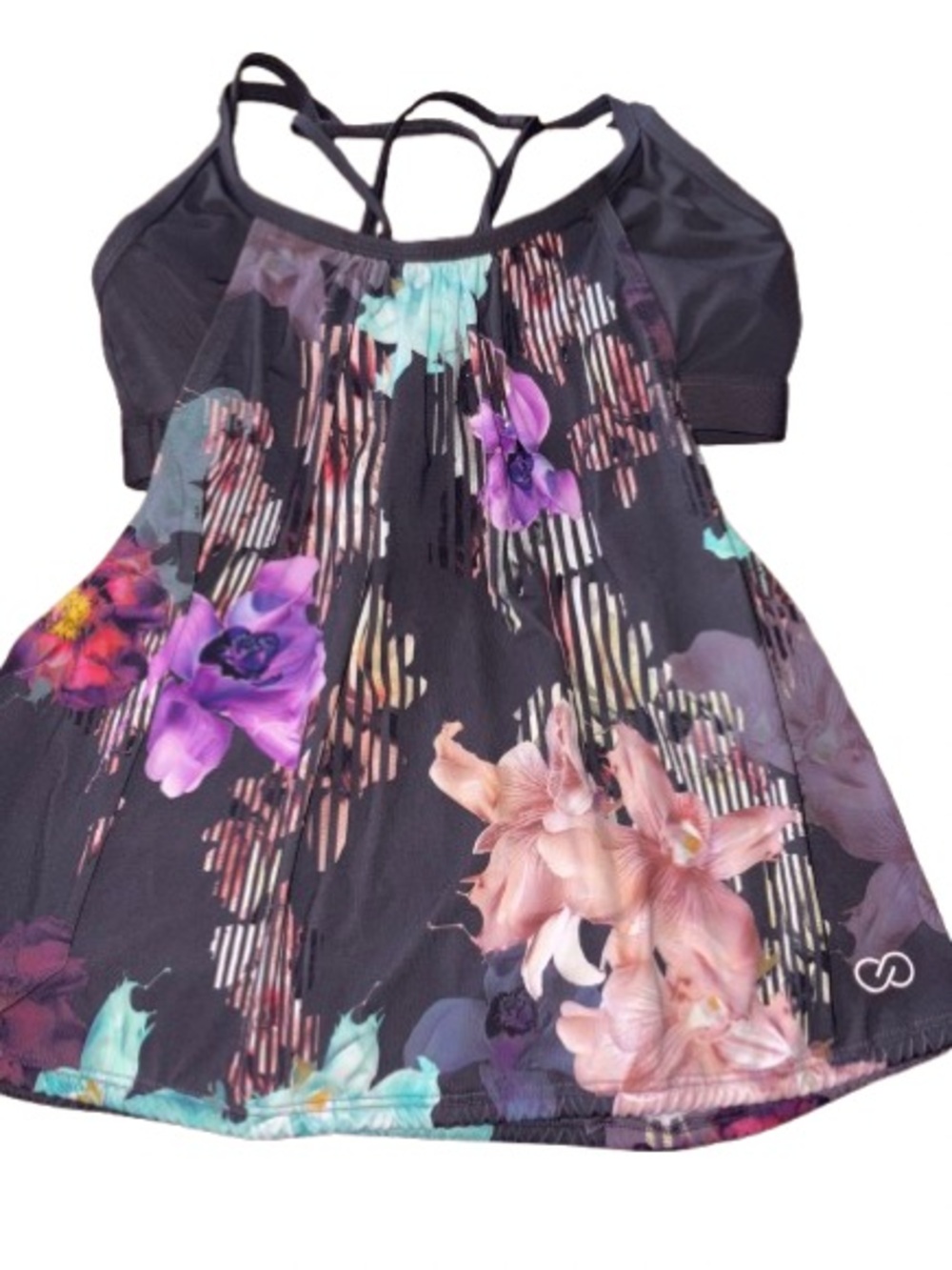 CALIA by Carrie Underwood Black Floral Strappy Tank with Teal & Purple Accents